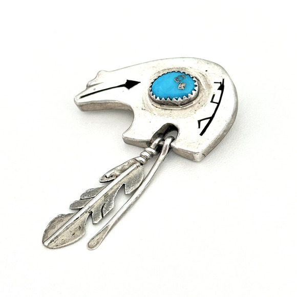 Vintage Samson Kee Native American 925 Sterling Silver Turquoise Bear Brooch Pin - Picture 4 of 11